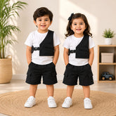 Kids Black Cargo Shorts Co-Ord Set with Utility Vest – Unisex Summer Outfit