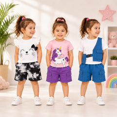 White Cat, Pink Unicorn & Blue Utility Girls Dress Set (Pack of Three)