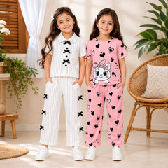White Ribbon Stripe Co-Ord Set & Pink Kitty Hearts Cotton Co-Ord Set for Girls (Pack of 2)