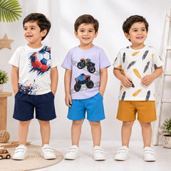 Football, Monster Truck & Feather Print Premium Cotton Co-Ord Set for Toddler Boys (Pack of 3)