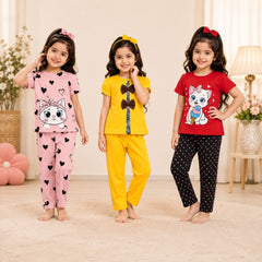 Kitty, Bow & Heart Print Girls Co-Ord Set – Pack of Three