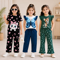 Kitty, Butterfly & Deer Print Girls Co-Ord Set – Pack of Three