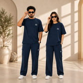 Unisex Drop-Shoulder T-Shirt – Midnight Blue with Side Logo