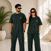 Unisex Drop-Shoulder T-Shirt – Forest Green with Side Logo