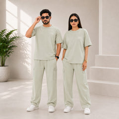 Unisex Drop-Shoulder T-Shirt – Sage Green with Side Logo