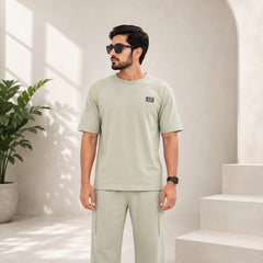Unisex Drop-Shoulder T-Shirt – Sage Green with Side Logo