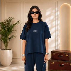 Unisex Drop-Shoulder T-Shirt – Midnight Blue with Center Logo