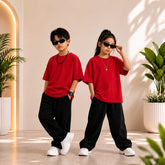 Kids Red Shirt With Black Trouser Baggy Co-Ord Set – Premium Casual Wear for Boys (1-14 Years)
