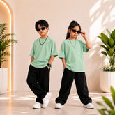 Kids Mint Green Shirt With Black Trouser Baggy Co-Ord Set – Premium Casual Wear for Boys (1-14 Years)