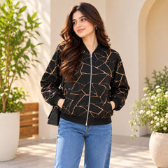 Black & Rose Gold Abstract Print Women Bomber Jacket