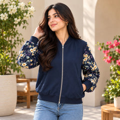 Navy Blue Floral Sleeve Print Women Bomber Jacket