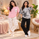 Women Pink Floral & Grey Graphic Designs Print Suit Set ( Pack of Two )