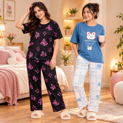 Women Butterfly & Bunny Happy Day Print Suit Set ( Pack of Two )
