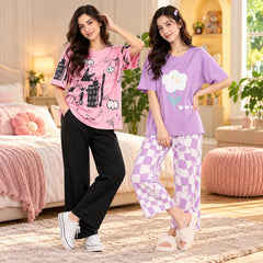 Women Pink Graphic & Casual Lavender Print Suit Set ( Pack of Two )