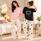 Women Pink Floral T-Shirt & Black Bear Print T-Shirt Printed Suit Set ( Pack of Two )