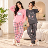 Women Pink Cat & Charcoal Bunny Printed Suit Set ( Pack of Two )