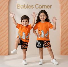 ORANGE & BLACK TIGER PRINTED SHORT SLEEVE KIDS WEAR