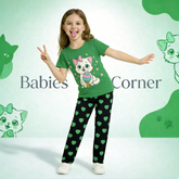 GREEN CAT WITH BLACK PAJMA PRINTED KIDS WEAR