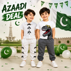 White Pinstripe & Dino Co-Ord Set Premium 2-Piece Outfit Combo ( Pack of two ) D29