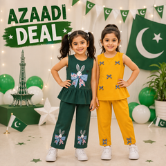 Girls Green Bunny Printed 2-Piece Suit & Girls Mustard Bow Detail 2-Piece Suit ( Pack of two )