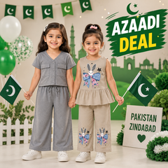 Grey Button-Front Co-Ord Set for Girls & Beige Bunny Print Co-Ord Set for Girls ( Pack of two )