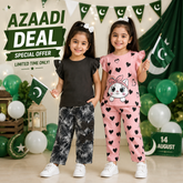 Black Frill Sleeve T-Shirt & Printed Bow Trouser & Pink Cat Print T-Shirt & Heart Printed Trouser Co-Ord Set ( Pack of two )