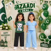Green Cat Printed T-Shirt & Polka Dot Trouser Co-Ord Set & Sky Blue Button-Front Girls 2-Piece Co-Ord Set ( Pack of two )