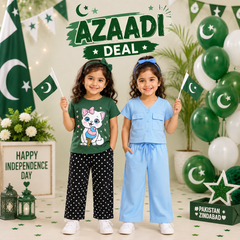 Green Cat Printed T-Shirt & Polka Dot Trouser Co-Ord Set & Sky Blue Button-Front Girls 2-Piece Co-Ord Set ( Pack of two )