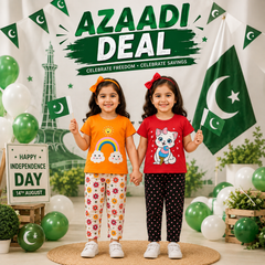 Red Cute Cat Printed T-Shirt with Polka Dot Trouser Set & Orange Rainbow Printed T-Shirt with Floral Trouser Set ( Pack of two )