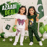 Pink Bow Butterfly & Green Deer Print Girls Co-Ord Set ( Pack of two )