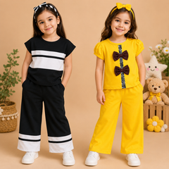 Black & White Striped T-Shirt & Yellow Bow Detail Top & Trousers ( Pack of two )
