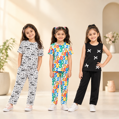 Cartoon Print T-Shirt & Trouser Set & Colorful Number Print T-Shirt & Trouser Set & Black Cross Detail Sleeveless Top & Trouser Set ( Pack of Three )