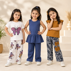 Butterfly Printed T-Shirt & Palazzo Set & Sleeveless Peplum Top & Pants Set & Ruffle Sleeve Top & Printed Bow Palazzo ( Pack of Three )