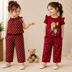 Maroon Polka Dot & Deer Print 2-Piece Co-Ord Set – ( Pack of Two )