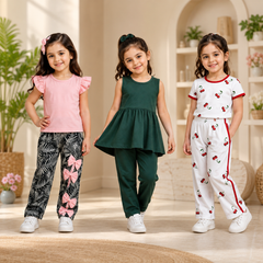 Pink Ruffle Sleeve Top & Sleeveless Flared Tunic & Cherry Print T-Shirt & Trouser Co-Ord Set ( Pack of Three )