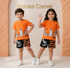 ORANGE & BLACK TIGER PRINTED SHORT SLEEVE KIDS WEAR