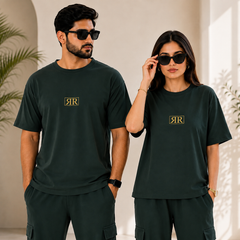 Forest Green Drop-Shoulder T-Shirt with Center Logo Unisex