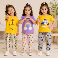 Finger Heart, Rainbow & Police Patrol Girls T-Shirt & Trouser Set – Pack of 3