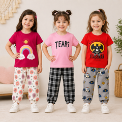 Rainbow, Tears & Superhero Girls T-Shirt & Trouser Set – Pack of 3