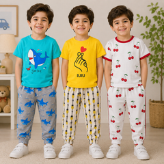 Shark, Finger Heart & Cherry Print Boys T-Shirt & Trouser Co-Ord Set – Pack of 3