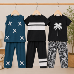 X-Print, Stripe & Palm Tree Boys T-Shirt & Trouser Co-Ord Set – Pack of 3