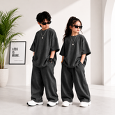 Charcoal Grey Kids Premium Oversized Co-Ord Set – Trendy T-Shirt & Trouser Outfit for Boys & Girls