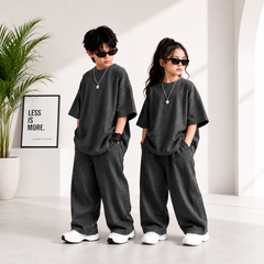 Charcoal Grey Kids Premium Oversized Co-Ord Set – Trendy T-Shirt & Trouser Outfit for Boys & Girls