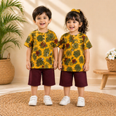 Kids Summer Twin Set Floral Yellow Shirt & Maroon Shorts