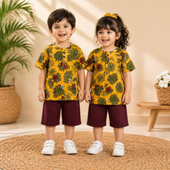 Kids Summer Twin Set Floral Yellow Shirt & Maroon Shorts