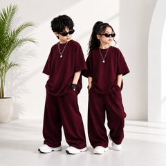 Maroon Kids Premium Oversized Co-Ord Set – Trendy T-Shirt & Trouser Outfit for Boys & Girls