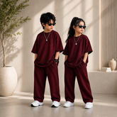Maroon Kids Premium Oversized Co-Ord Set – Trendy T-Shirt & Trouser Outfit for Boys & Girls