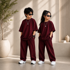 Maroon Kids Premium Oversized Co-Ord Set – Trendy T-Shirt & Trouser Outfit for Boys & Girls