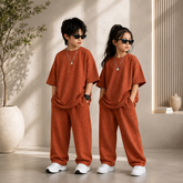 Rust Orange Kids Premium Oversized Co-Ord Set – Trendy T-Shirt & Trouser Outfit for Boys & Girls
