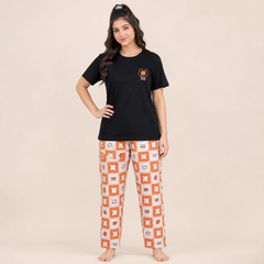 Cute Bear Black T-Shirt with Orange Printed Pajama Set for Women
